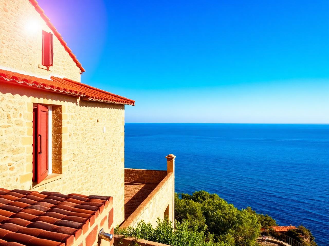 Toit en tuiles d'une maison corse face à la mer Méditerranée